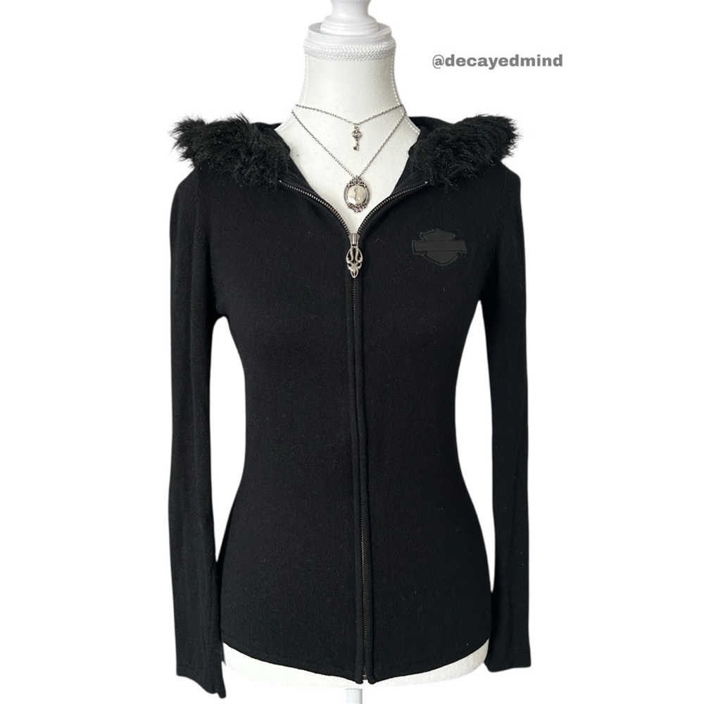 Y2K “Harley Davidson” Black Faux Fur Trim Embroidered Graphic Zip-up Hoodie
